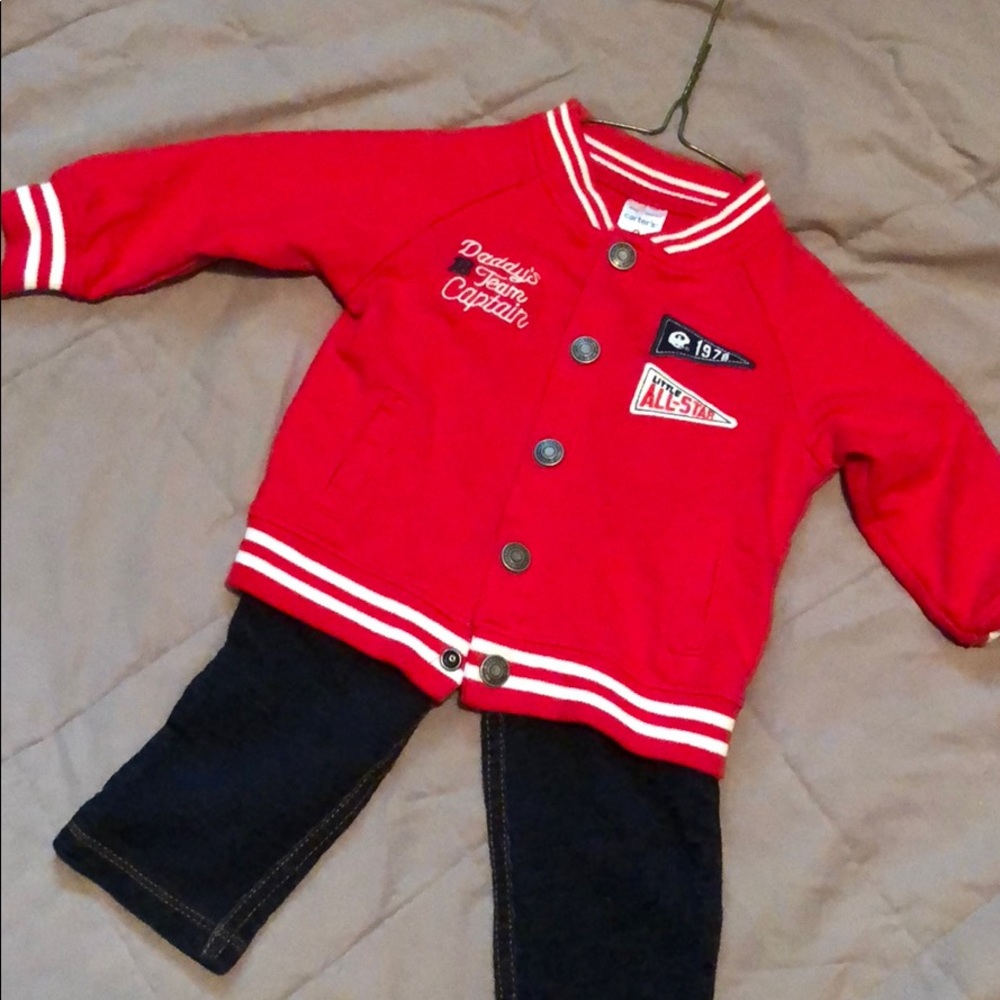 Carter’s Letterman Sweatshirt & Dark Jeans